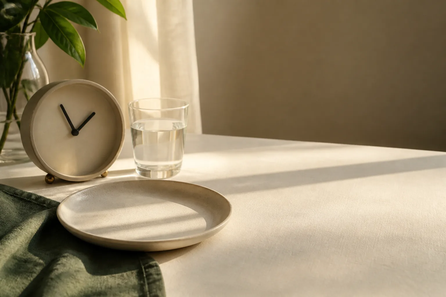 Morning kitchen counter with empty plate, water glass, and precision medicine vial in golden hour light