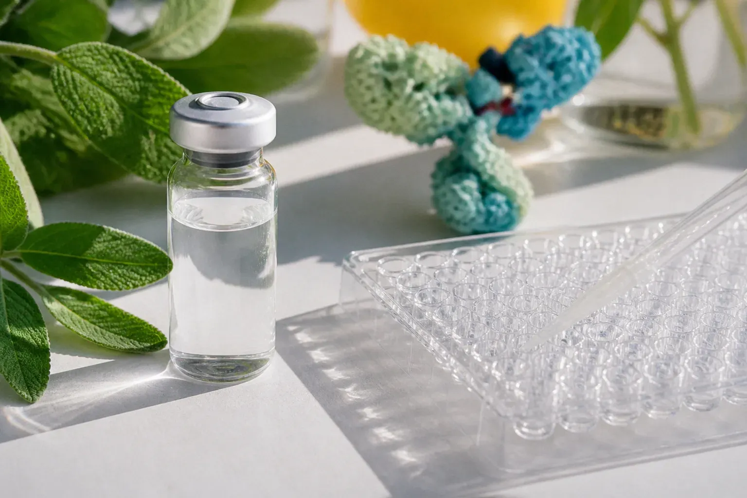 A clear medication vial beside a laboratory microplate and a model of a Y-shaped antibody on a sunlit bench