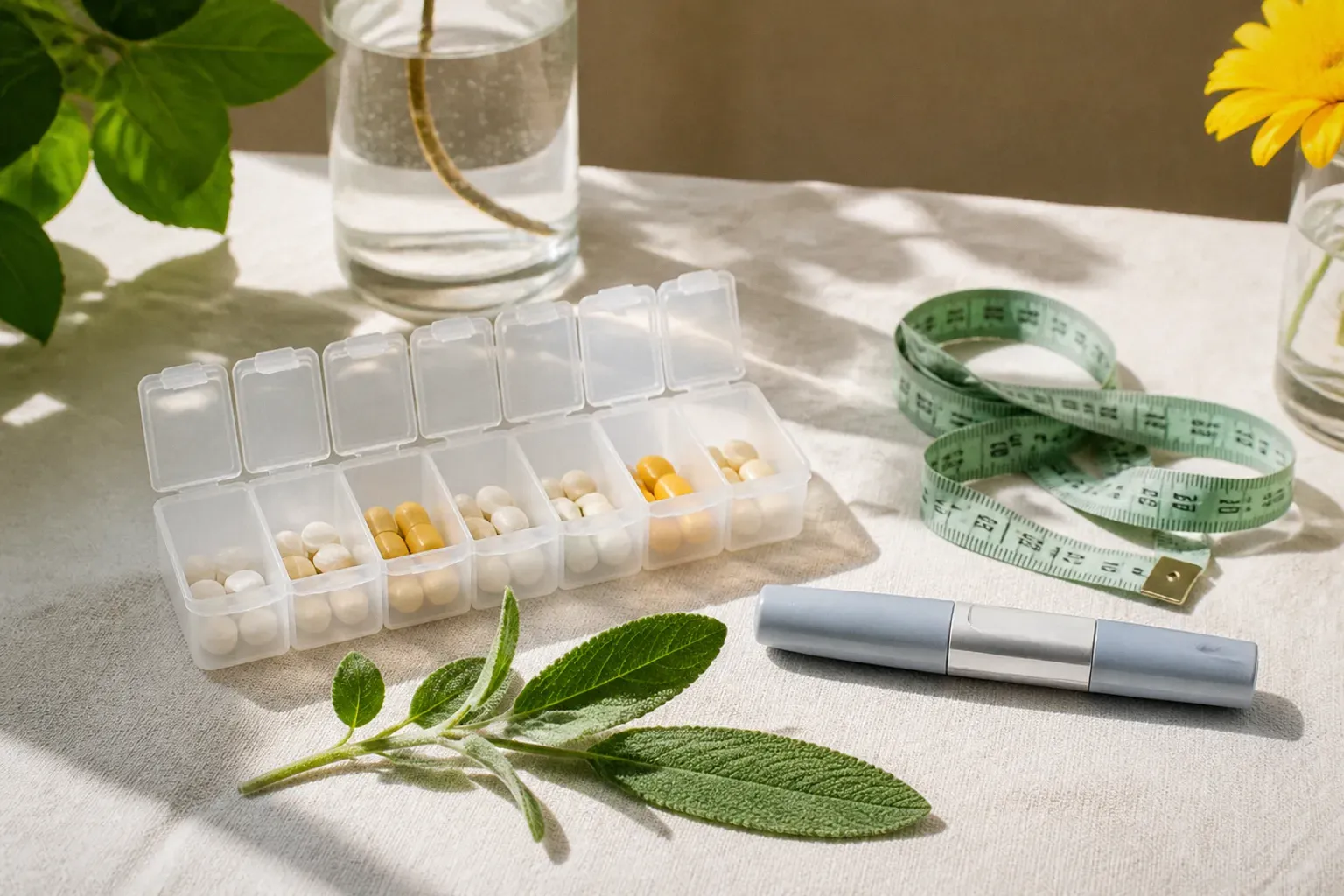 A weekly pill organizer, a coiled measuring tape and fresh herbs on a sunlit linen-covered table