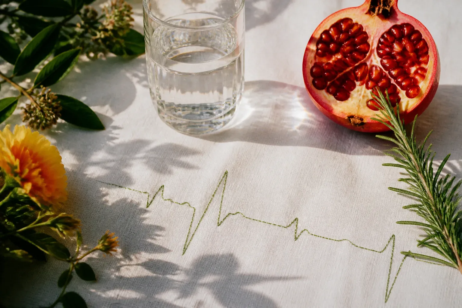 A pulse line stitched in green thread across white linen beside a glass of water, a halved pomegranate, rosemary and a yellow flower in morning sunlight