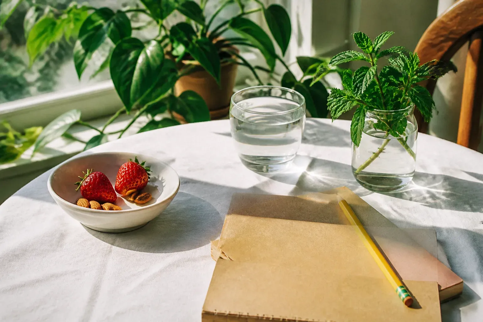 A small bowl of strawberries and almonds, a glass of water, a jar of fresh mint and a closed notebook with a yellow pencil on a white kitchen table in morning sun
