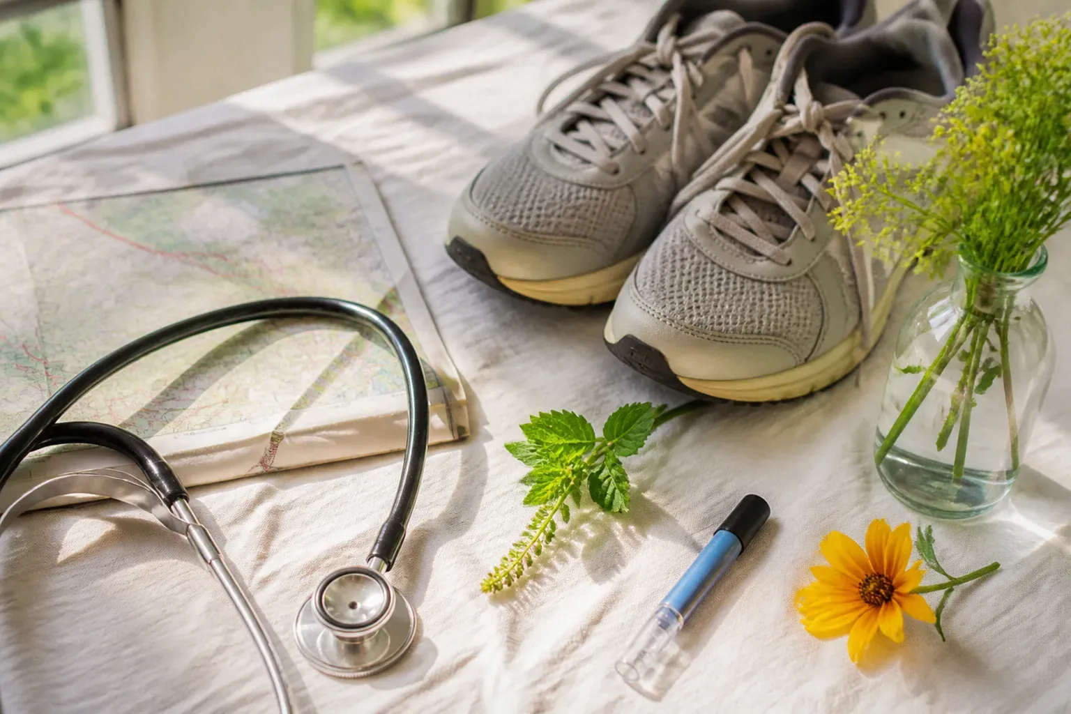 A stethoscope, a folded walking map, grey trainers, a small pen injector, fresh herbs and a yellow flower on white linen in morning sunlight