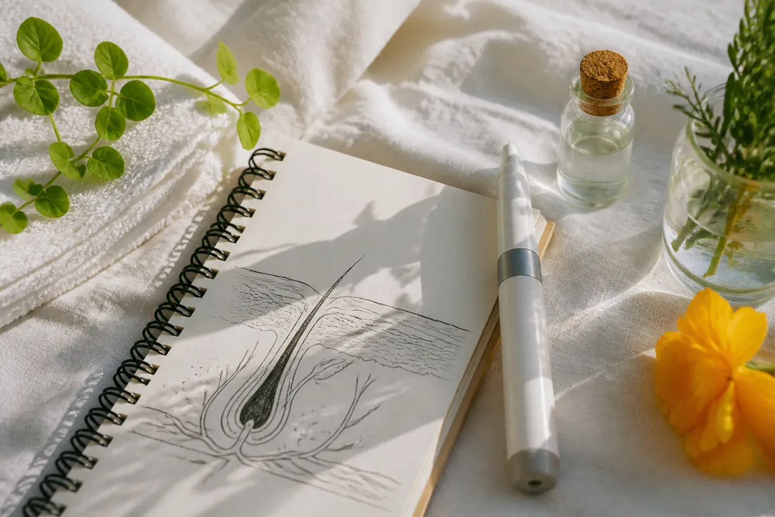 A folded cotton towel, a notebook with a sketch of a hair follicle, a small corked glass vial and a yellow flower on white linen