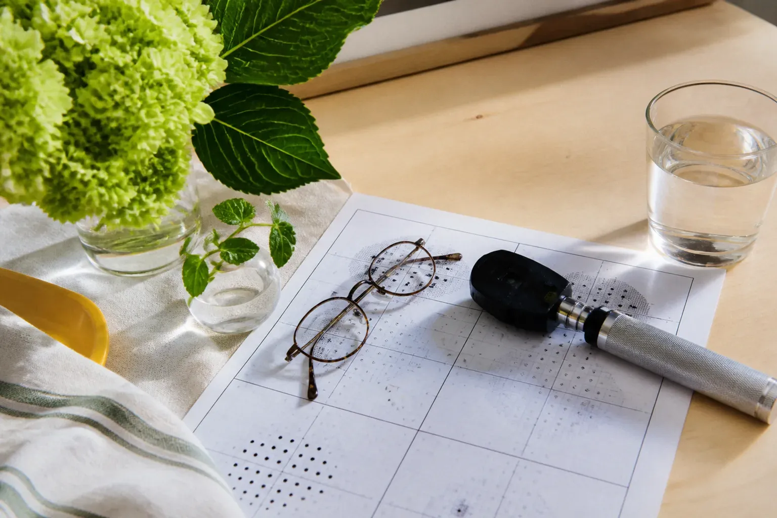 An ophthalmoscope and a folded pair of reading glasses resting on a printed visual field chart beside a glass of water on a pale wooden desk
