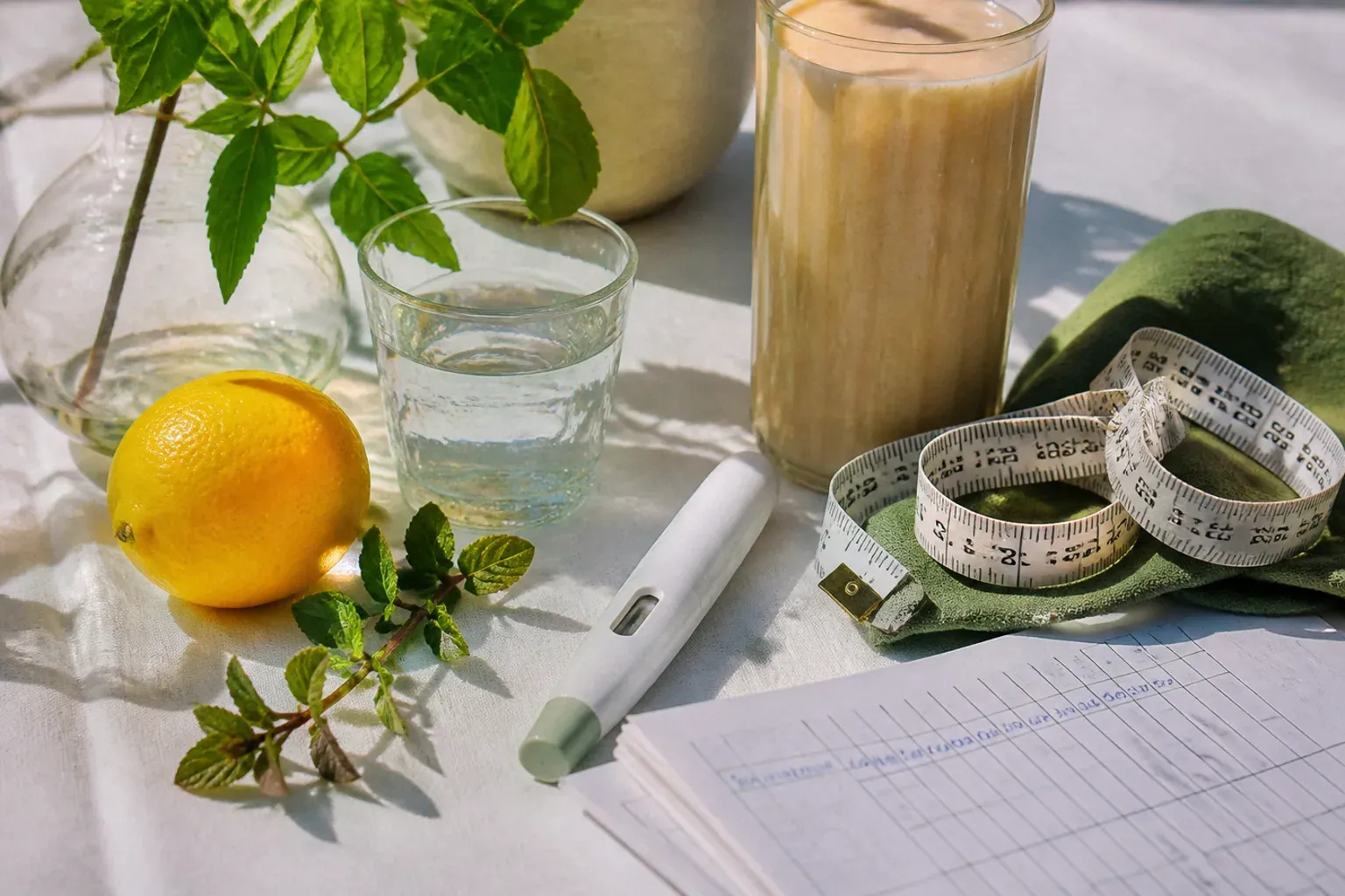 An injection pen beside a measuring tape, a protein shake and a folded surgical follow-up chart, representing GLP-1 treatment after bariatric surgery