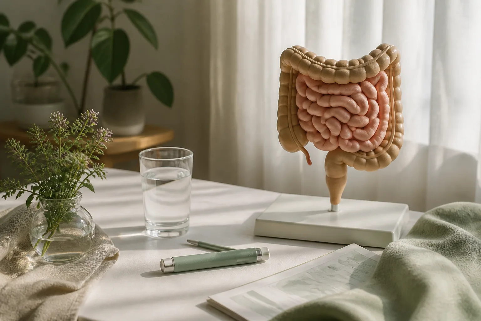 An anatomical model of the intestines on white linen beside a glass of water and a sage green cloth, representing the gut and GLP-1 bowel side effects