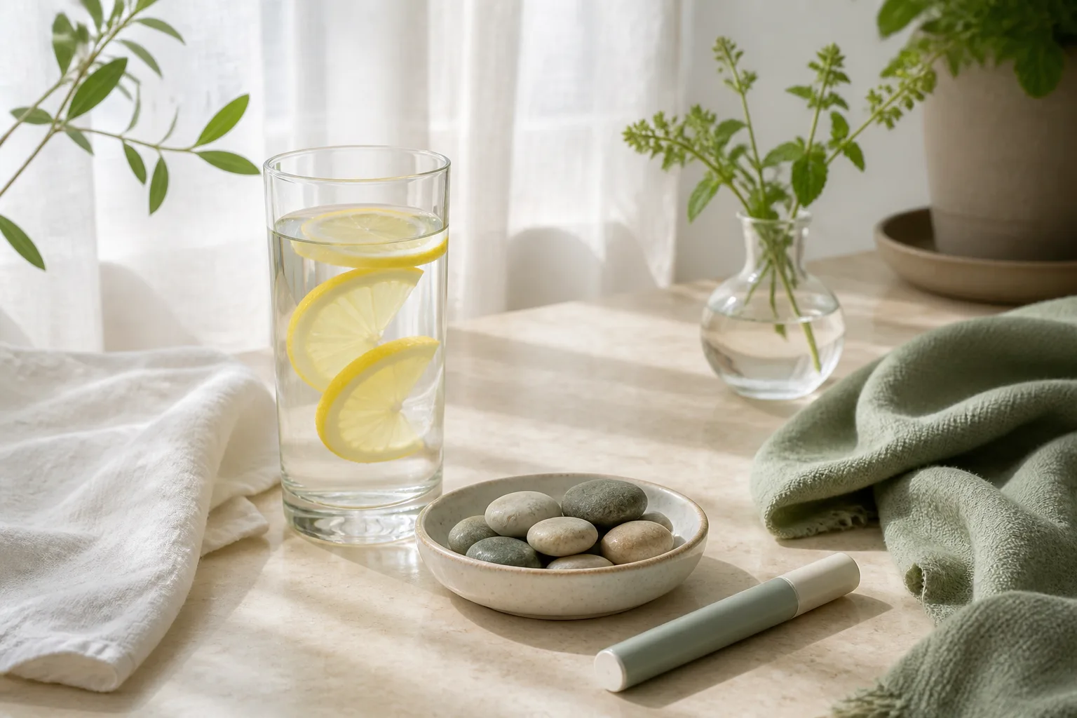 A glass of lemon water beside a small dish of smooth stones and an injection pen on a pale countertop, representing hydration and kidney stone risk on GLP-1 protocols