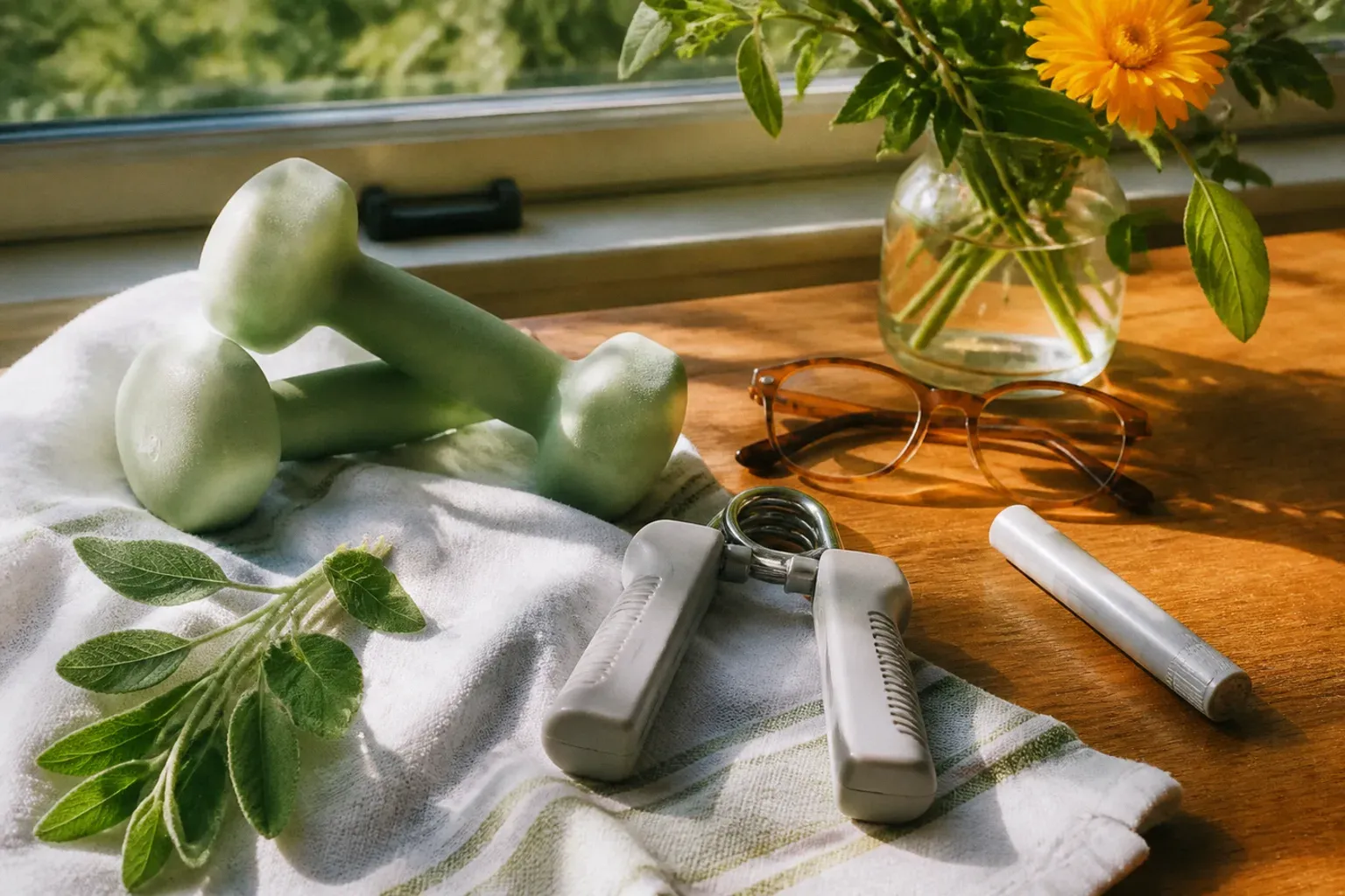 Light dumbbells, a handgrip dynamometer, reading glasses and a small pen on a sunlit wooden table