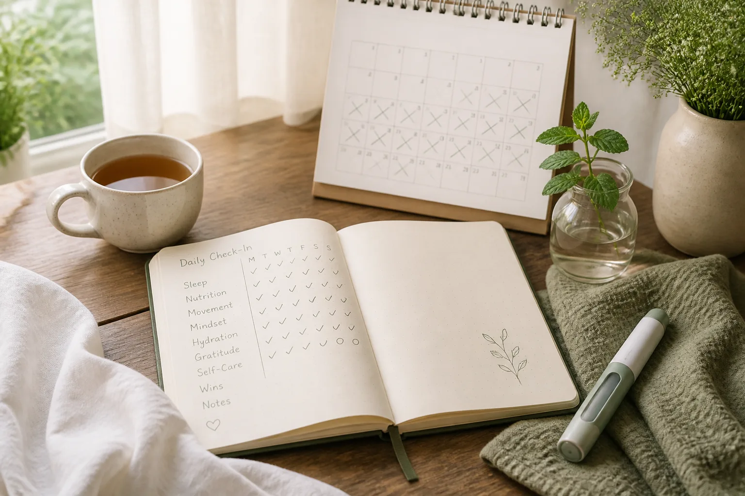 An open notebook with a daily check-in chart, a calendar with crossed-off days, a cup of tea and an injection pen on a wooden table, representing research on GLP-1 medicines and substance use