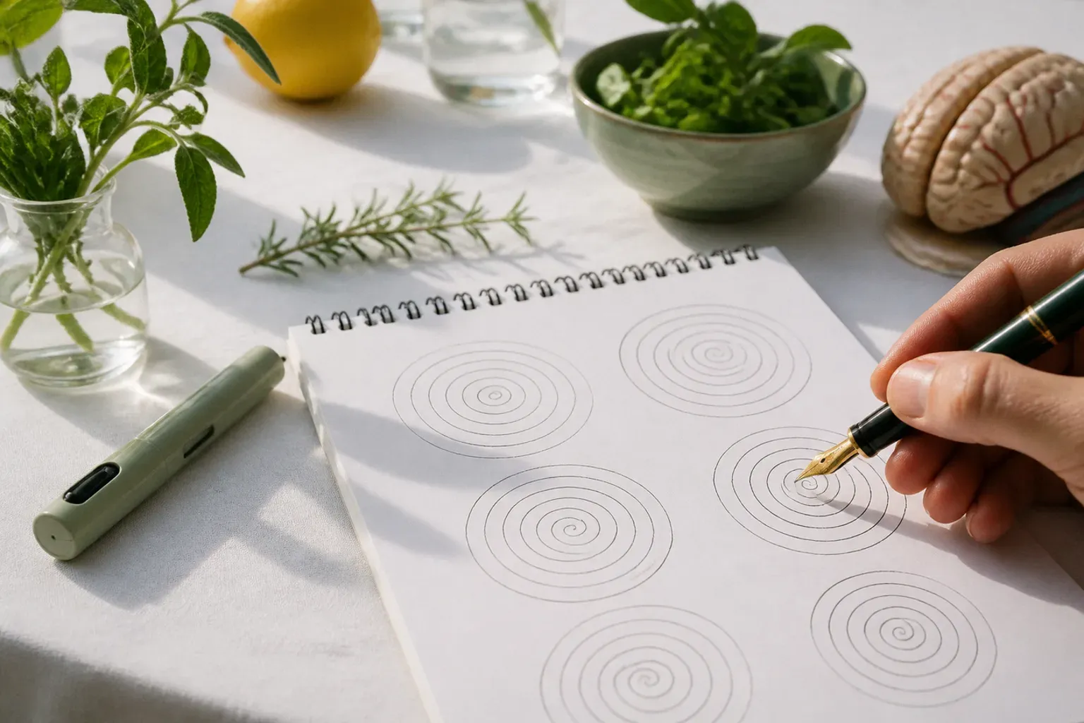 A hand drawing spirals in a notebook beside an injection pen and a brain model, representing GLP-1 research in Parkinson's disease