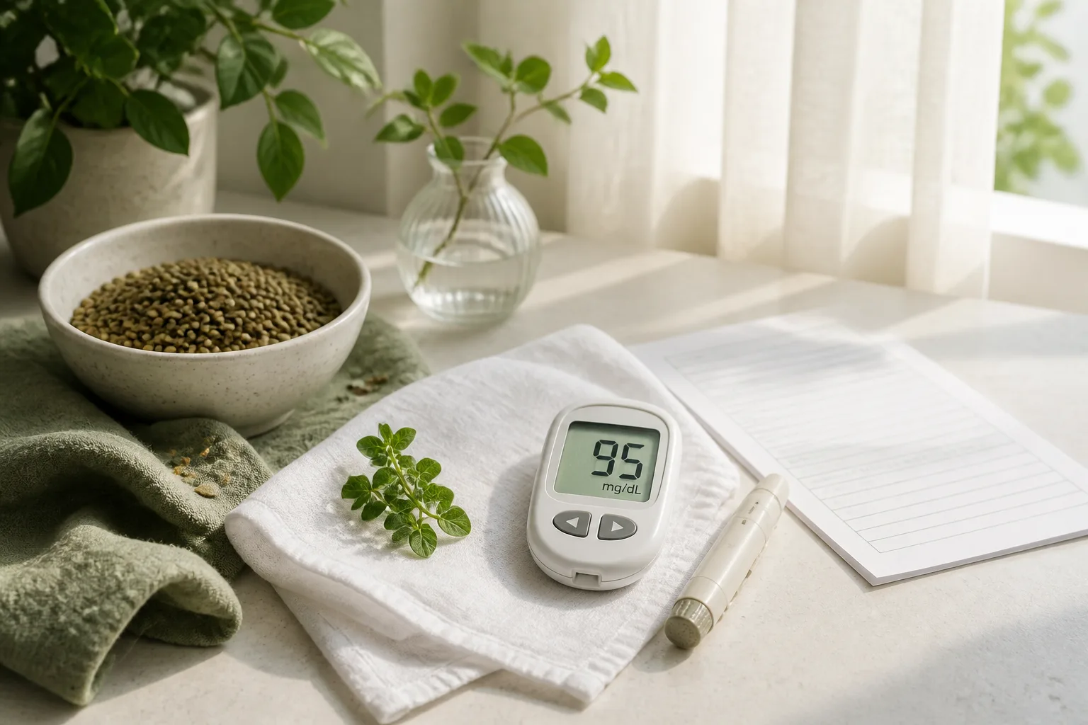 A glucose meter showing a normal fasting reading beside a lancing device, a notepad and a bowl of lentils, representing prediabetes testing and GLP-1 research
