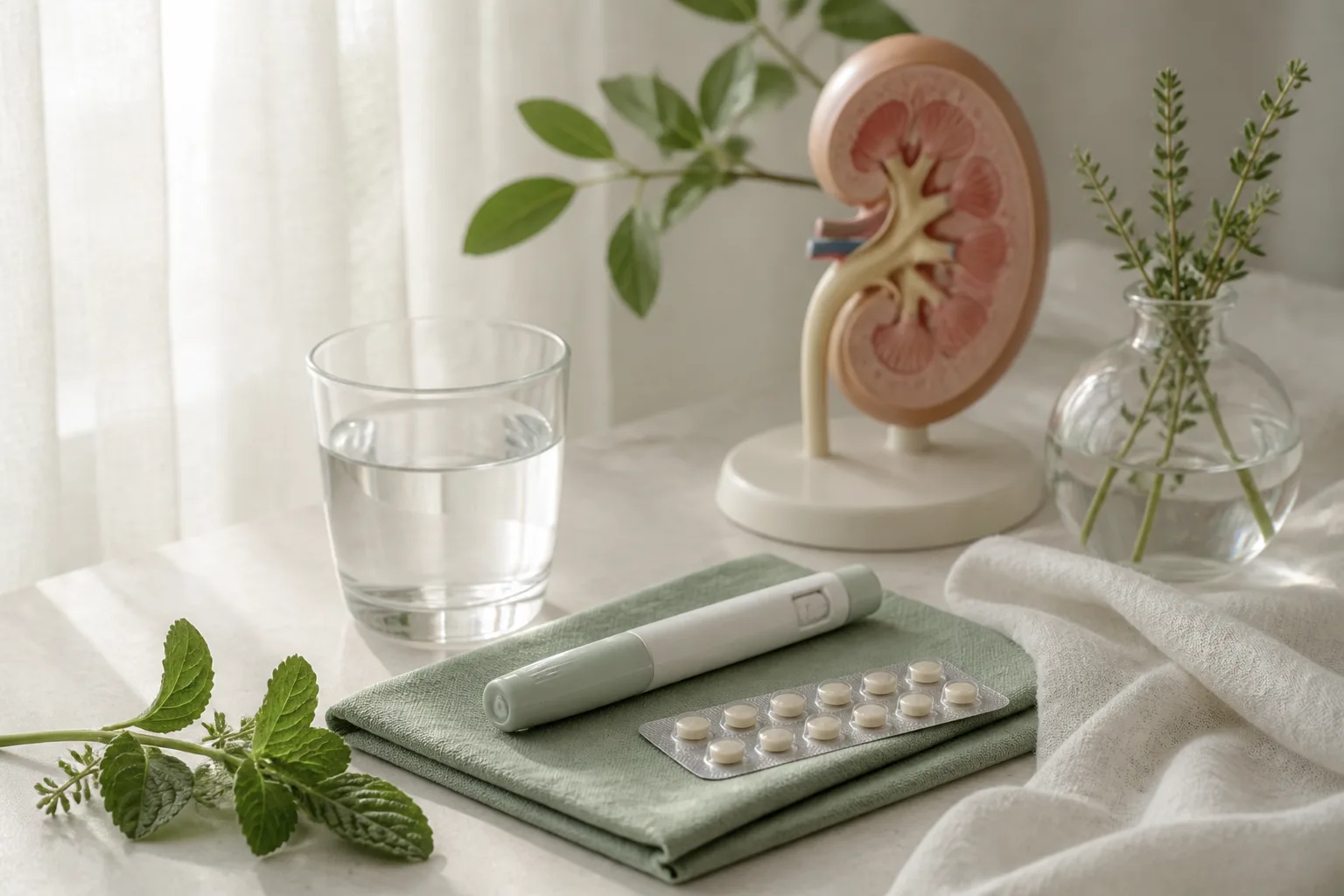 An injection pen and a blister pack of tablets on a sage green cloth beside a glass of water and an anatomical kidney model, representing a weekly GLP-1 combined with a daily SGLT2 inhibitor