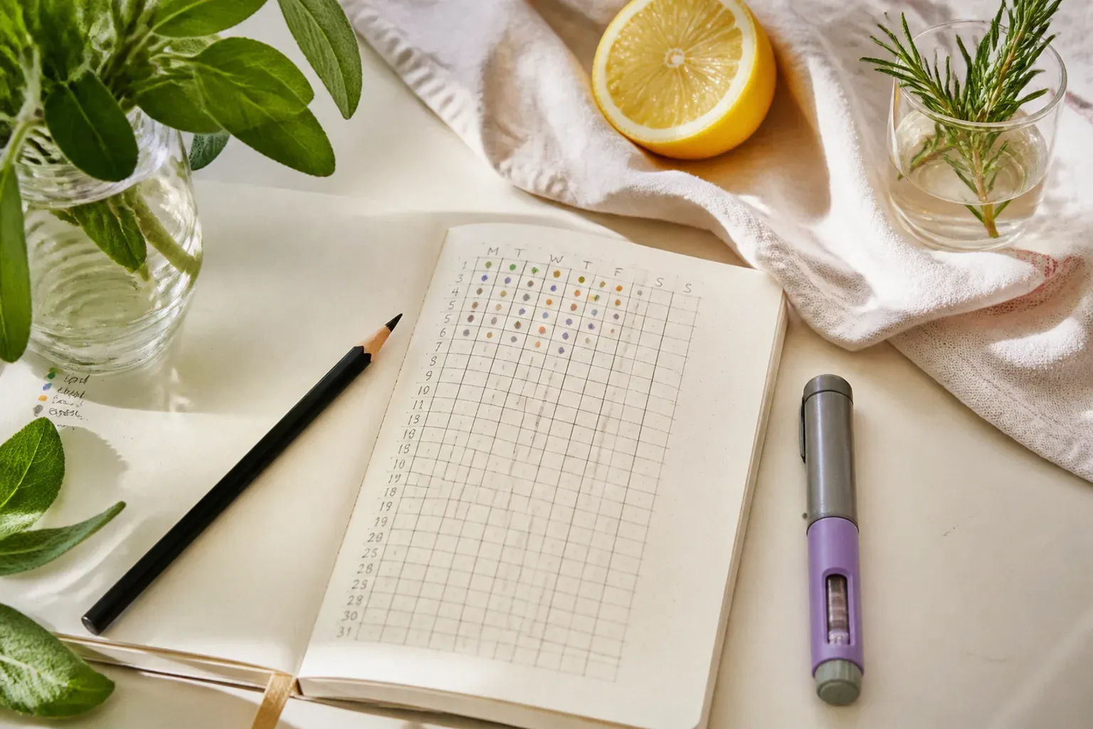An open notebook with a hand-drawn mood tracking grid, a pencil and a capped injection pen on a sunlit desk, representing mood monitoring on GLP-1 protocols