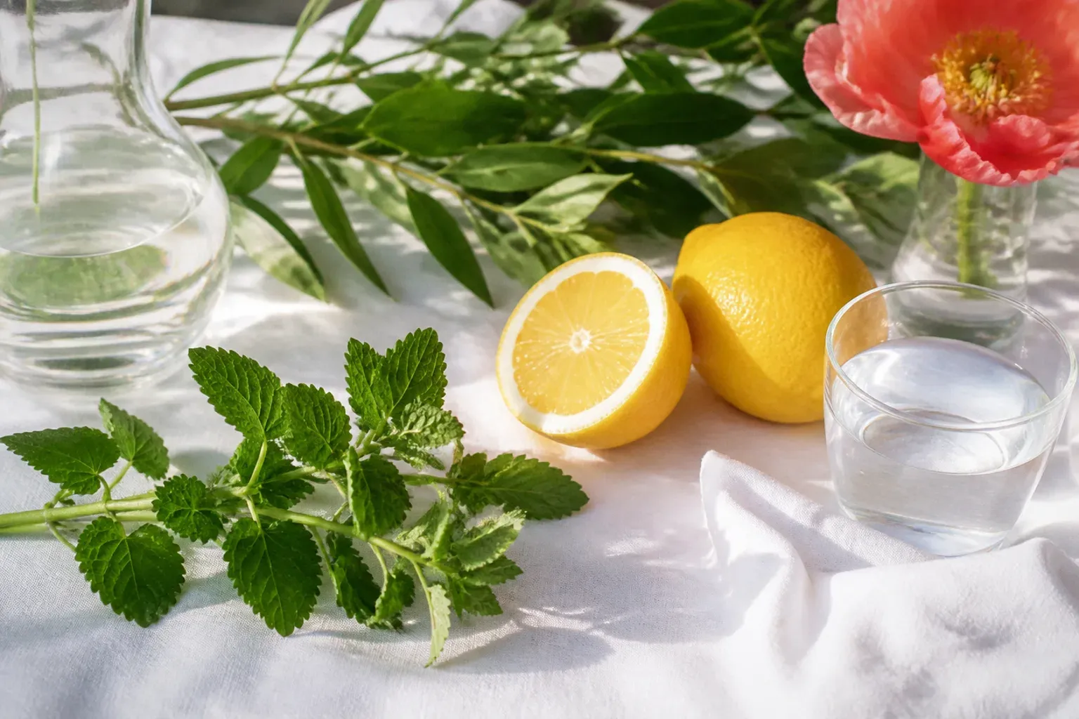 A halved lemon, a sprig of mint, a glass of water and a coral flower on white linen in morning sunlight