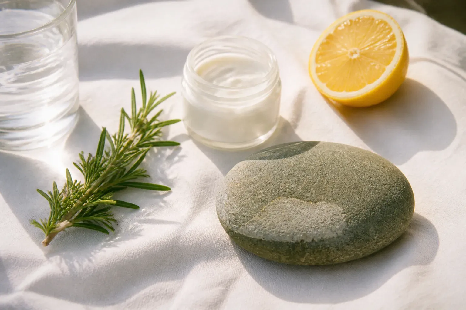 A smooth river stone with a pale dry patch on white linen beside a small jar of plain cream, rosemary, a halved lemon and a glass of water in morning sunlight
