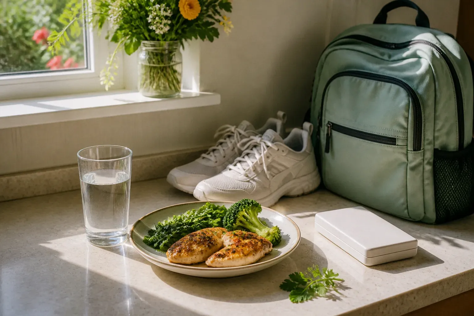 A school backpack and running shoes on a sunlit kitchen counter beside a glass of water and a plate of grilled chicken and greens