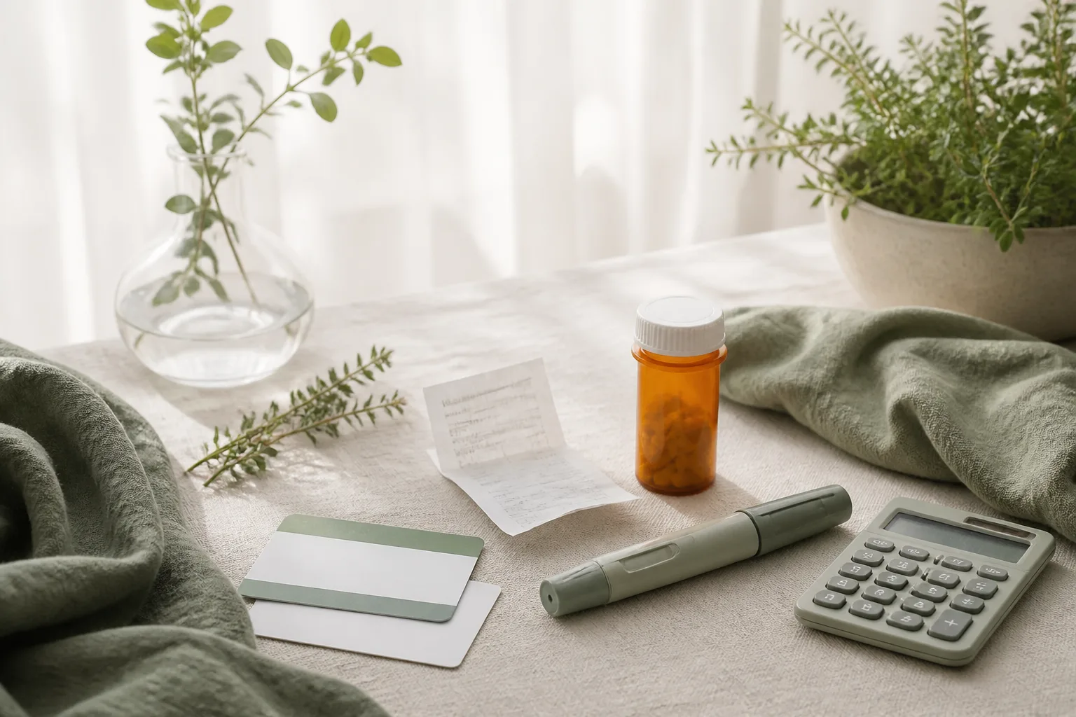 A health insurance card, a pharmacy receipt and a prescription bottle beside an injection pen and a small calculator on a linen tabletop, representing the cost and coverage of GLP-1 medicines