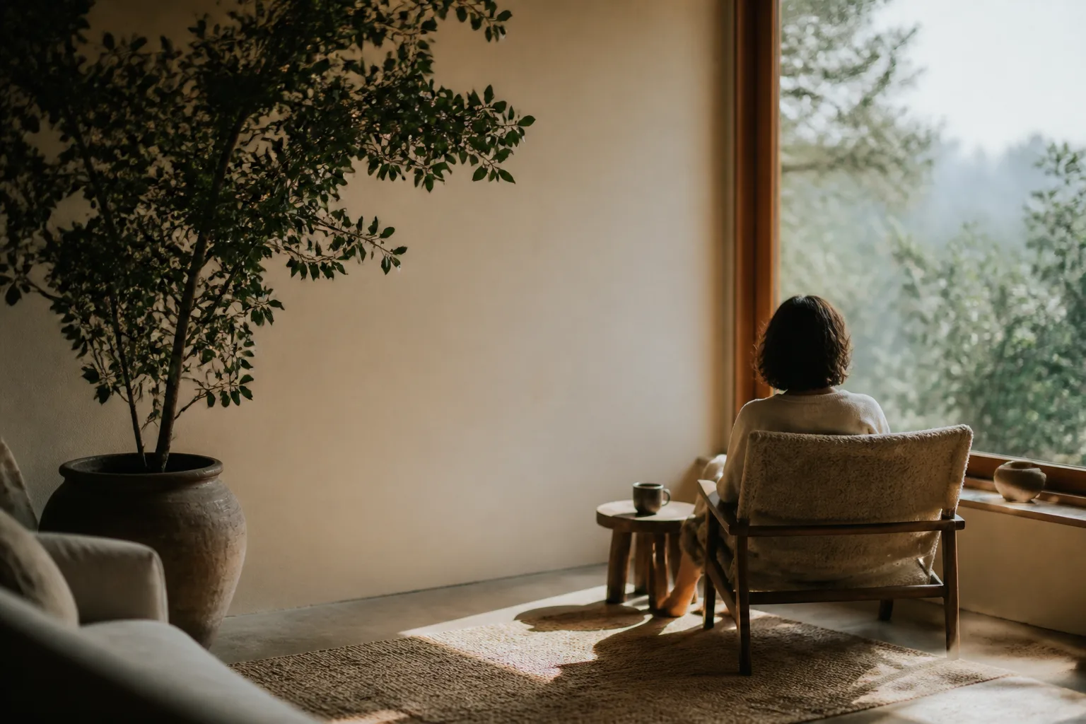 Person meditating in a bright space with neural network light patterns suggesting brain connectivity