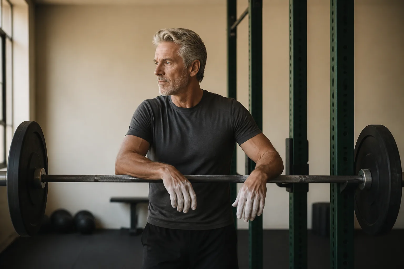 Fit man in his 50s performing a barbell squat in a modern gym