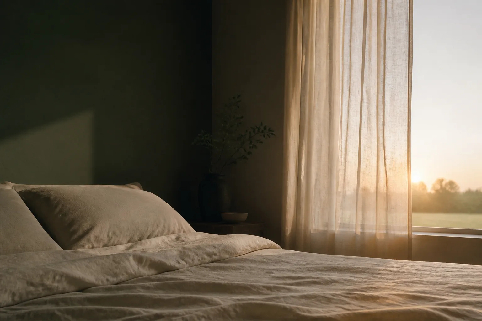 Person peacefully sleeping in a serene bedroom at dawn with a precision medicine vial on the nightstand